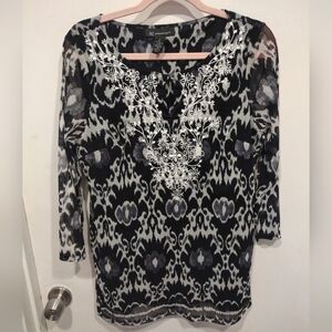 INC International Concepts Embroidered Ikat Print Mesh Tunic Length Top Sz L-Y2K